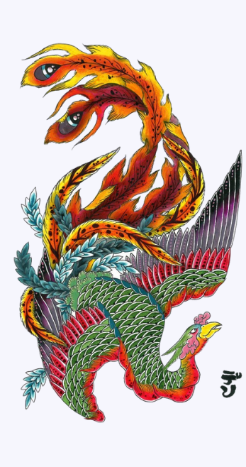 Illustration japonaise le phoenix Ho-o 👹 Nuevo Mundo studio de tatouage japonais à Strasbourg